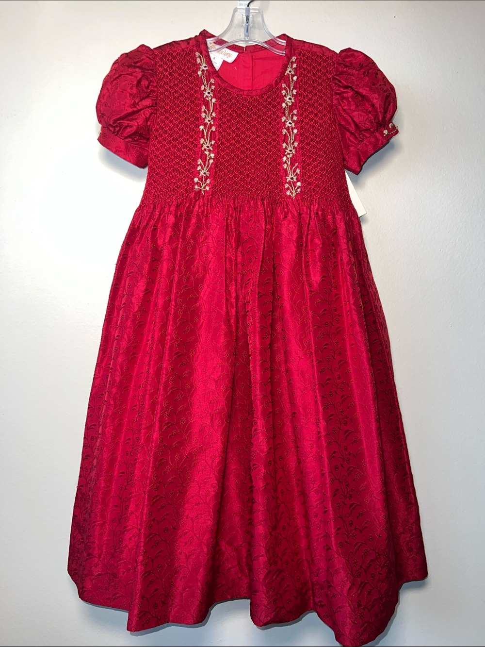 Anavini VTG Red Girls' Embroidered Puff-Sleeve Dress - Classic Holiday Style NOS